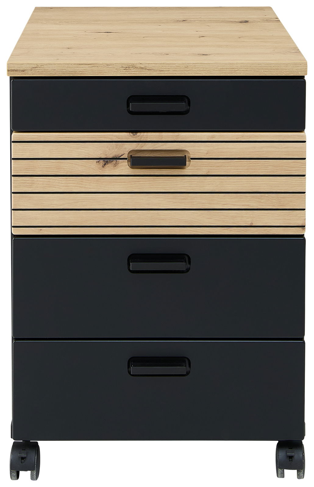 Rollcontainer mit Holz- und Schwarzelementen, Frontansicht