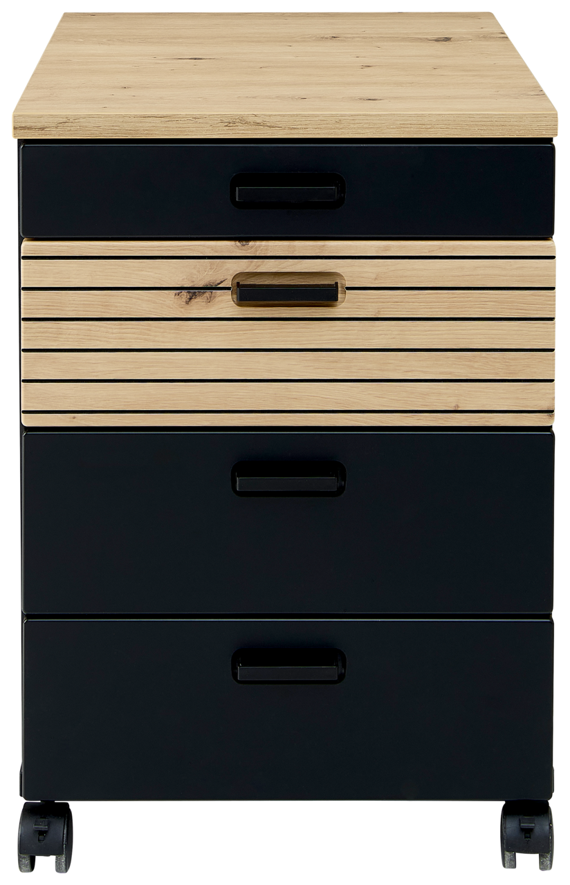 Rollcontainer mit Holz- und Schwarzelementen, Frontansicht