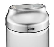 Nahaufnahme einer Vorratsdose mit Edelstahlverschluss, seitliche Perspektive