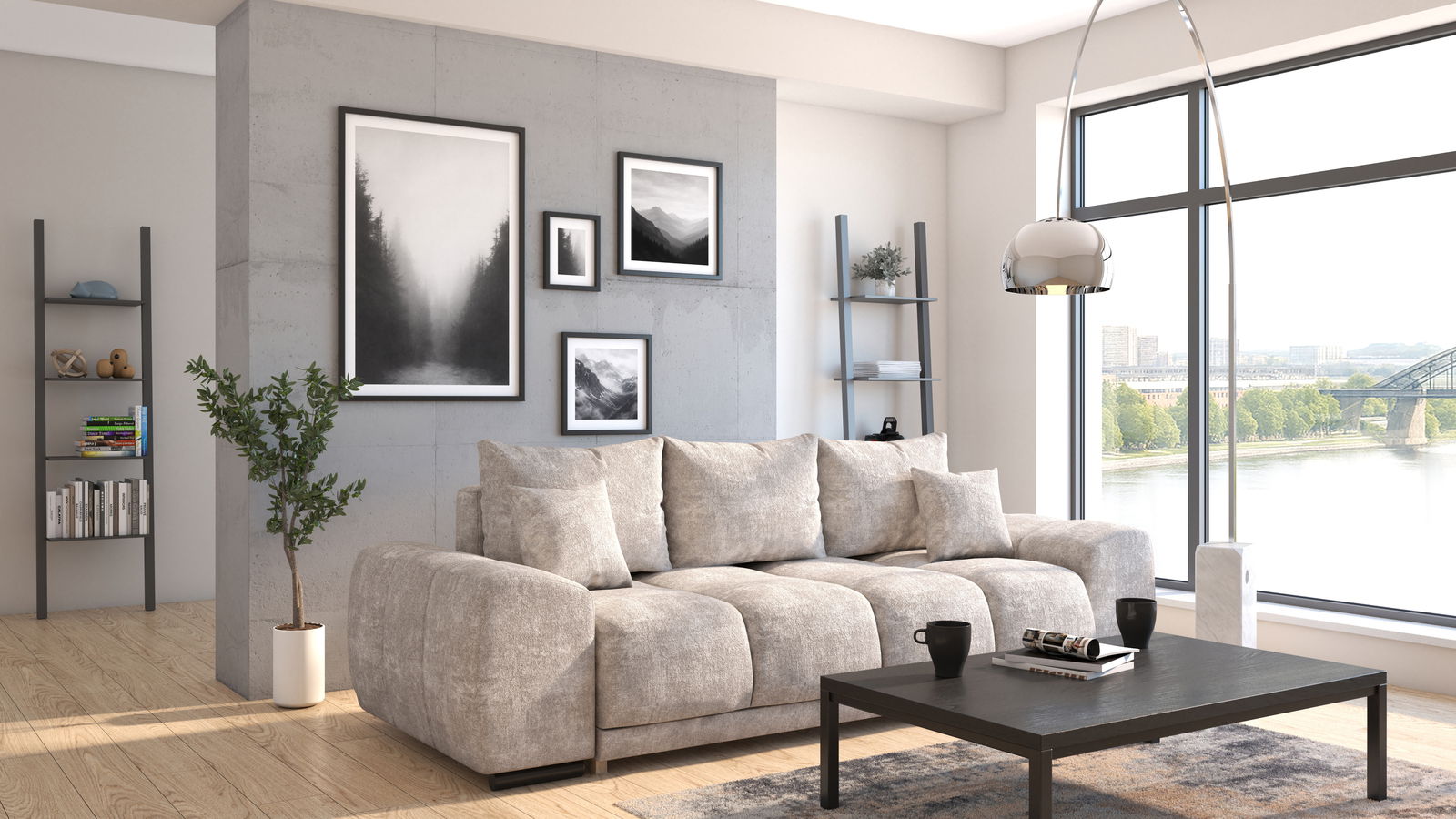 Modernes Funktionssofa in einem stilvollen Wohnzimmer mit großen Fenstern und Blick auf die Stadt, aus der Vorderansicht fotografiert.