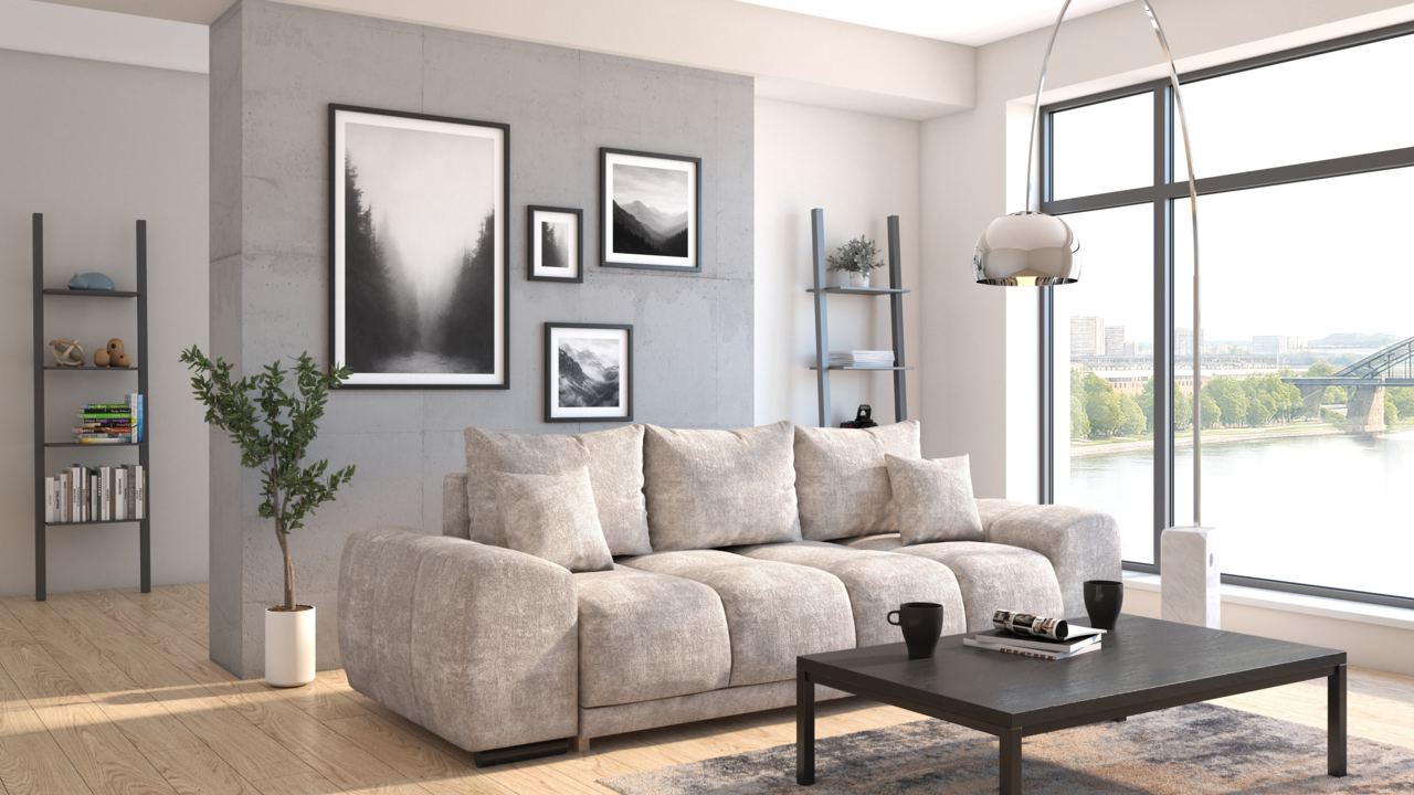 Modernes Funktionssofa in einem stilvollen Wohnzimmer mit großen Fenstern und Blick auf die Stadt, aus der Vorderansicht fotografiert.