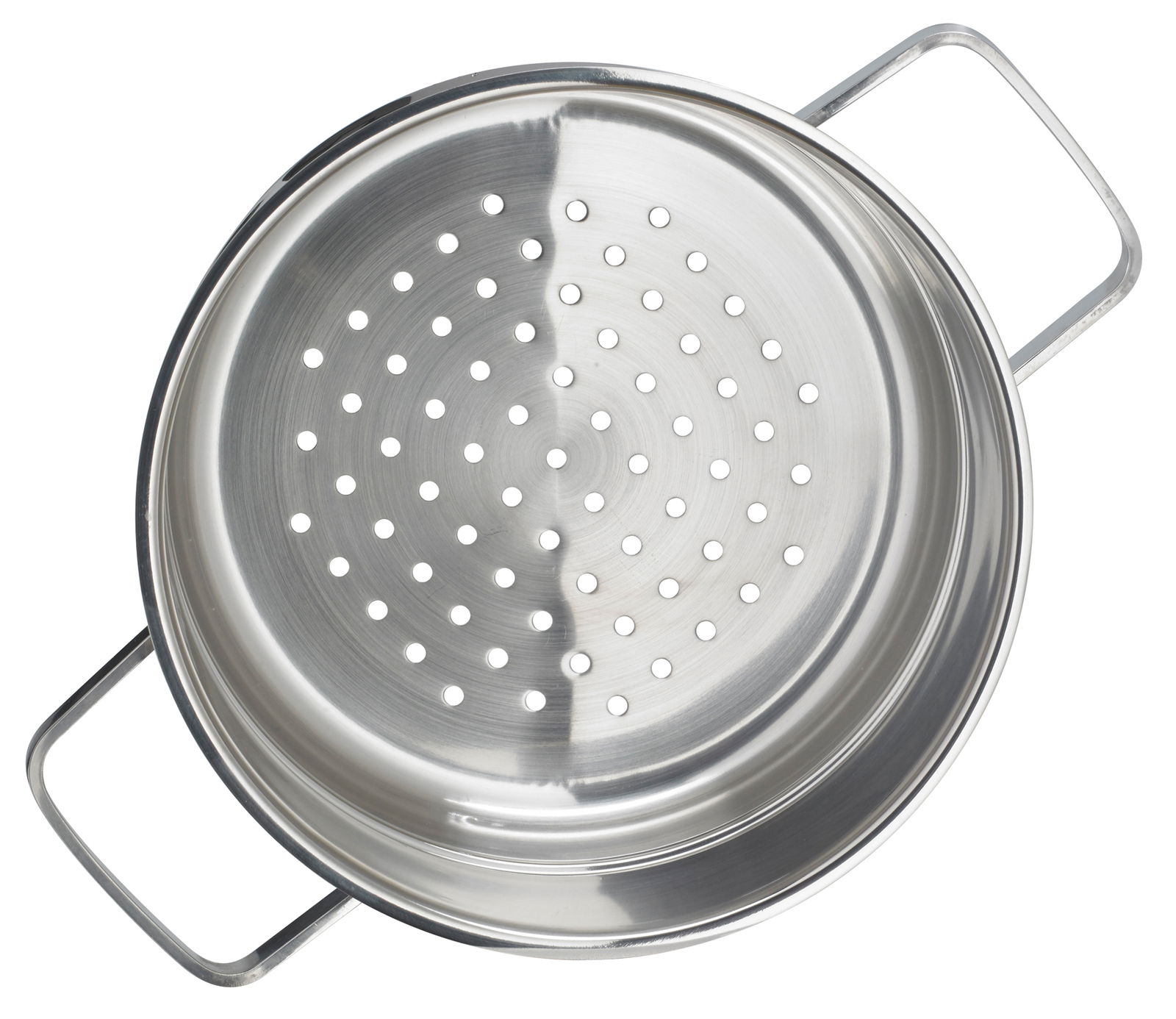 KÜCHENPROFI Kochtopf mit Dämpfeinsatz SAN REMO Draufsicht auf einen Edelstahl-Dämpfeinsatz mit Griffen und Löchern zur Dampfzirkulation.