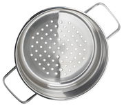 Draufsicht auf einen Edelstahl-Dämpfeinsatz mit Griffen und Löchern zur Dampfzirkulation.