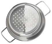 Draufsicht auf einen Edelstahl-Dämpfeinsatz mit Griffen und Löchern zur Dampfzirkulation.