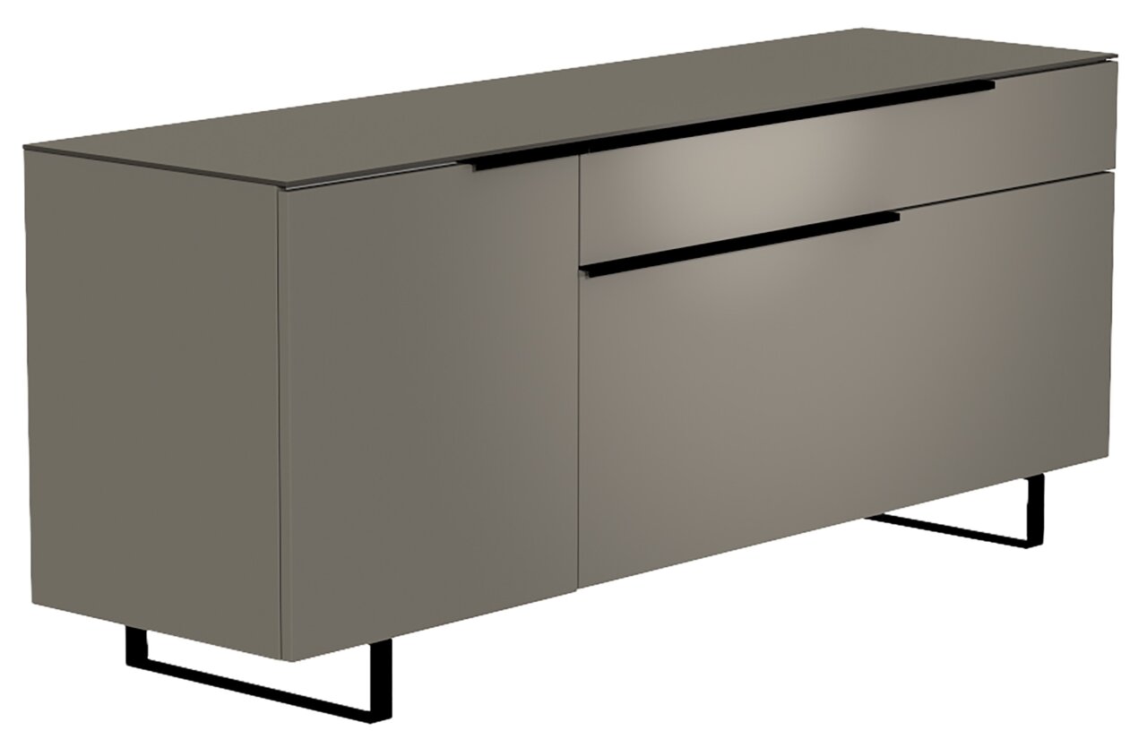 Moderano TV-Lowboard Serie BORMIO in seitlicher Perspektive, modernes Design mit glatter Oberfläche und schwarzen Metallfüßen.