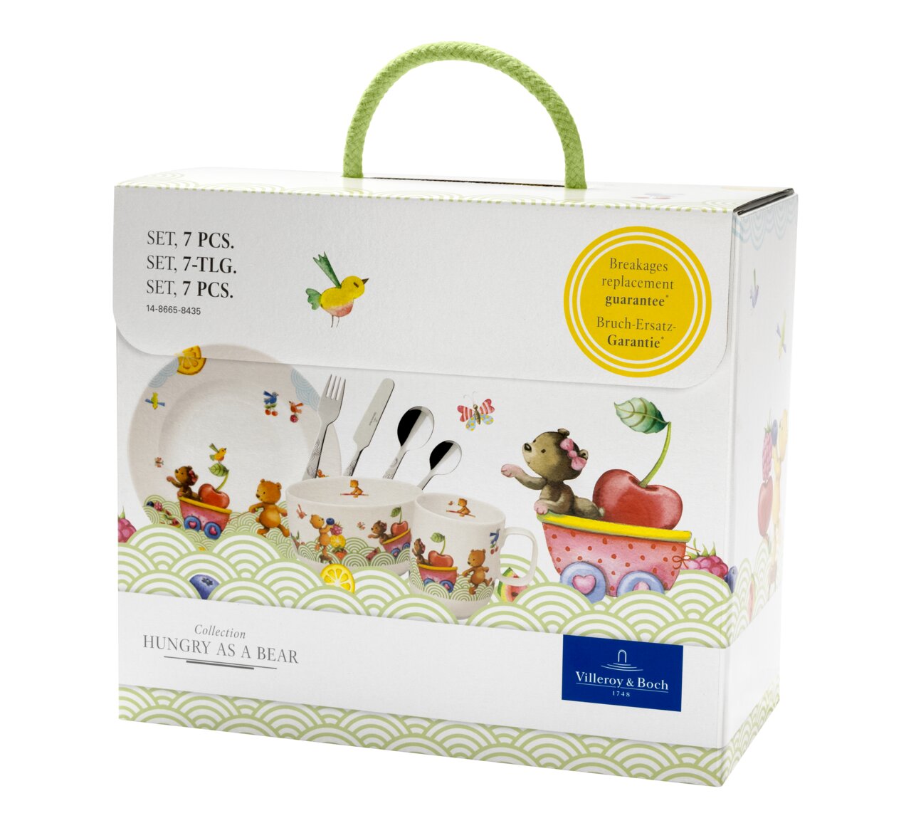 Kinder Geschirr Set 7-teilig mit bunten Tiermotiven, seitliche Perspektive