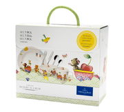 Kinder Geschirr Set 7-teilig mit bunten Tiermotiven, seitliche Perspektive