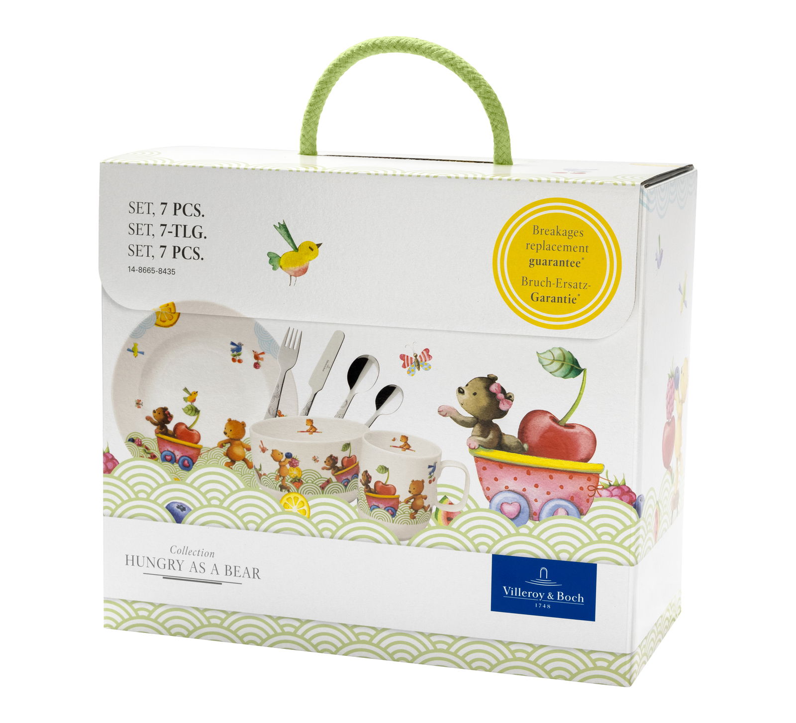 Kinder Geschirr Set 7-teilig mit bunten Tiermotiven, seitliche Perspektive