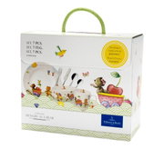 Kinder Geschirr Set 7-teilig mit bunten Tiermotiven, seitliche Perspektive