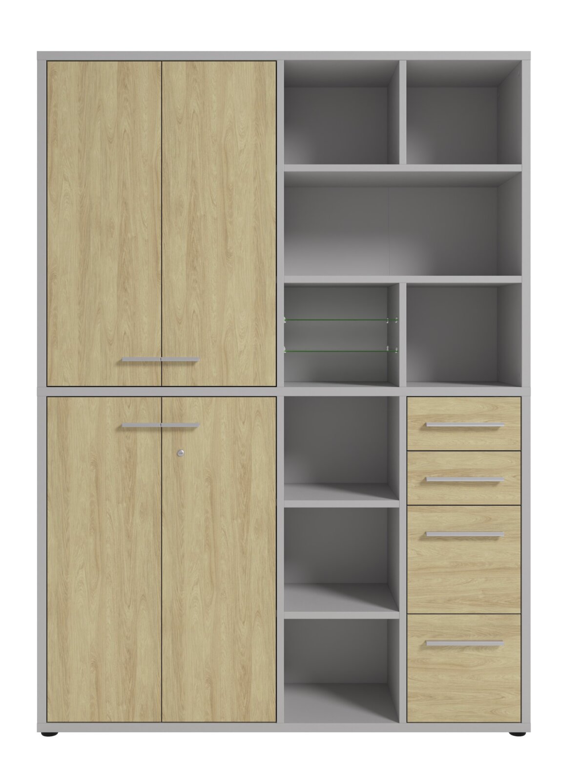 Aktenschrank hoch mit Holzoptik und grauen Regalfächern, Frontalansicht