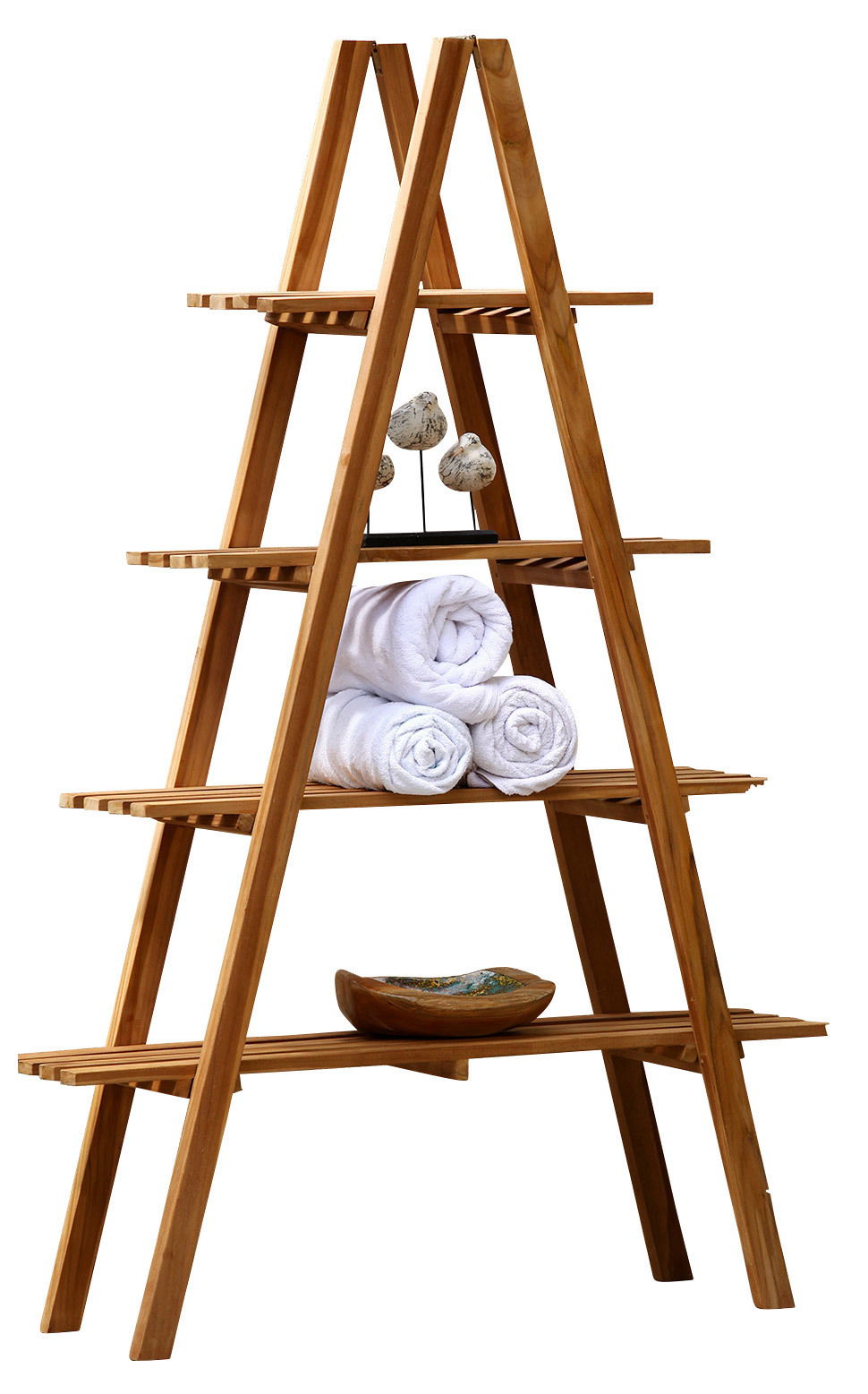 Holz-Gartenregal in A-Form mit mehreren Ablagen, dekoriert mit Handtüchern und Deko-Objekten, seitliche Perspektive