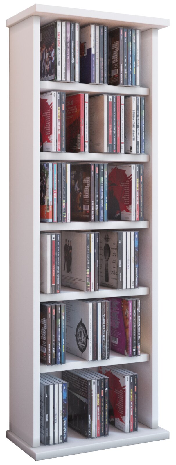 VCM CD/DVD-Turm VOSTAN Weißes, schmales CD-Regal mit mehreren Ablagefächern, gefüllt mit CDs; frontale Ansicht mit leicht seitlicher Perspektive