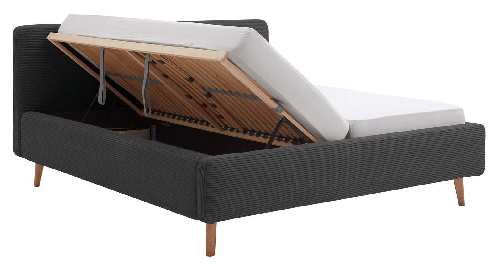 Polsterbettgestell in dunklem Stoff mit hochgeklappter Matratze, seitliche Perspektive