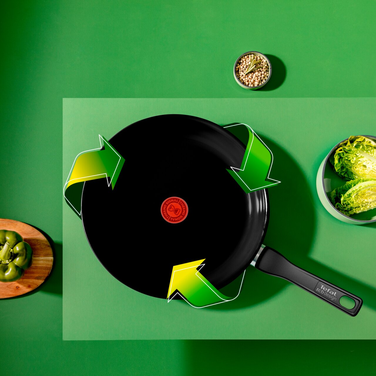 Keramik-Pfanne mit 28 cm Durchmesser, von oben fotografiert, umgeben von grünem Gemüse und Pfeilen, die auf die Pfanne zeigen.