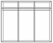 Dreiteiliger Schwebetürenschrank, frontale Ansicht, mit drei Fächern und Kleiderstangen.