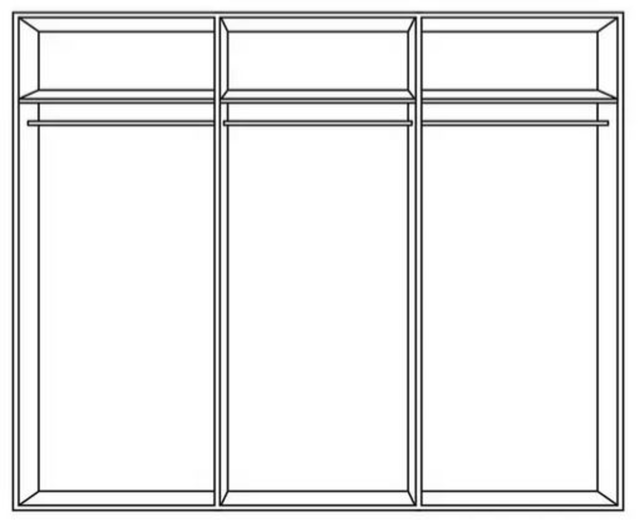 Jutzler Schwebetürenschrank 3-trg. JUTZLER Dreiteiliger Schwebetürenschrank, frontale Ansicht, mit drei Fächern und Kleiderstangen.
