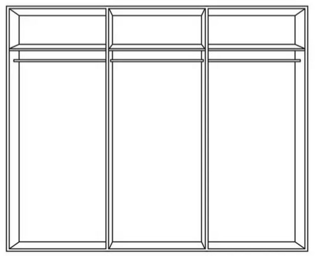 Dreiteiliger Schwebetürenschrank, frontale Ansicht, mit drei Fächern und Kleiderstangen.
