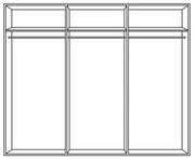 Dreiteiliger Schwebetürenschrank, frontale Ansicht, mit drei Fächern und Kleiderstangen.