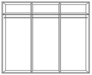 Dreiteiliger Schwebetürenschrank, frontale Ansicht, mit drei Fächern und Kleiderstangen.