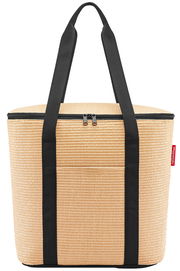 Thermoshopper in natürlicher Strohoptik mit schwarzen Tragegriffen, Vorderansicht