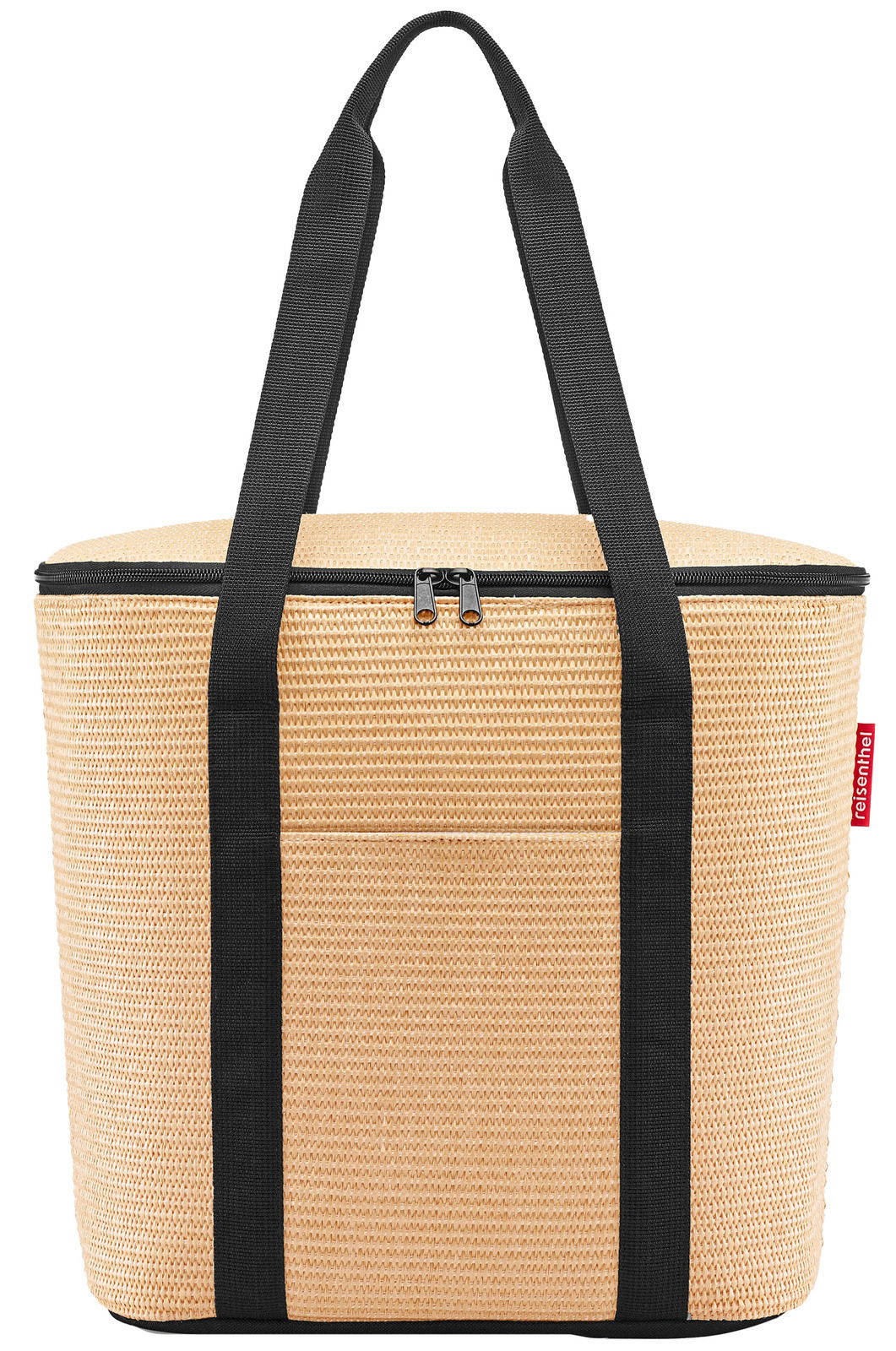 Thermoshopper in natürlicher Strohoptik mit schwarzen Tragegriffen, Vorderansicht