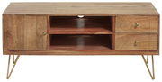 TV-Lowboard aus Holz mit zwei Schubladen und einem Fach, auf goldenen Metallbeinen, Frontalansicht