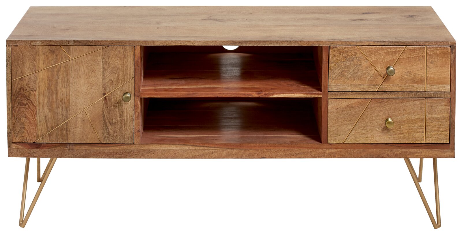 TV-Lowboard aus Holz mit zwei Schubladen und einem Fach, auf goldenen Metallbeinen, Frontalansicht