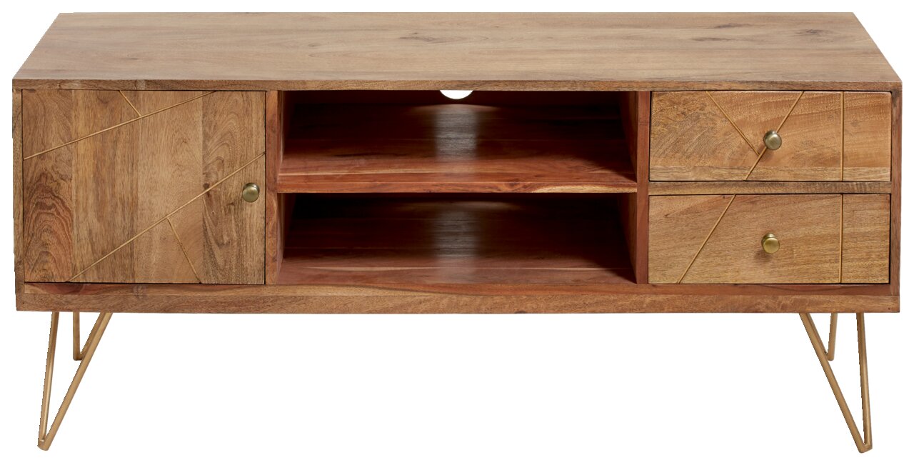 TV-Lowboard aus Holz mit zwei Schubladen und einem Fach, auf goldenen Metallbeinen, Frontalansicht