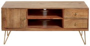 TV-Lowboard aus Holz mit zwei Schubladen und einem Fach, auf goldenen Metallbeinen, Frontalansicht