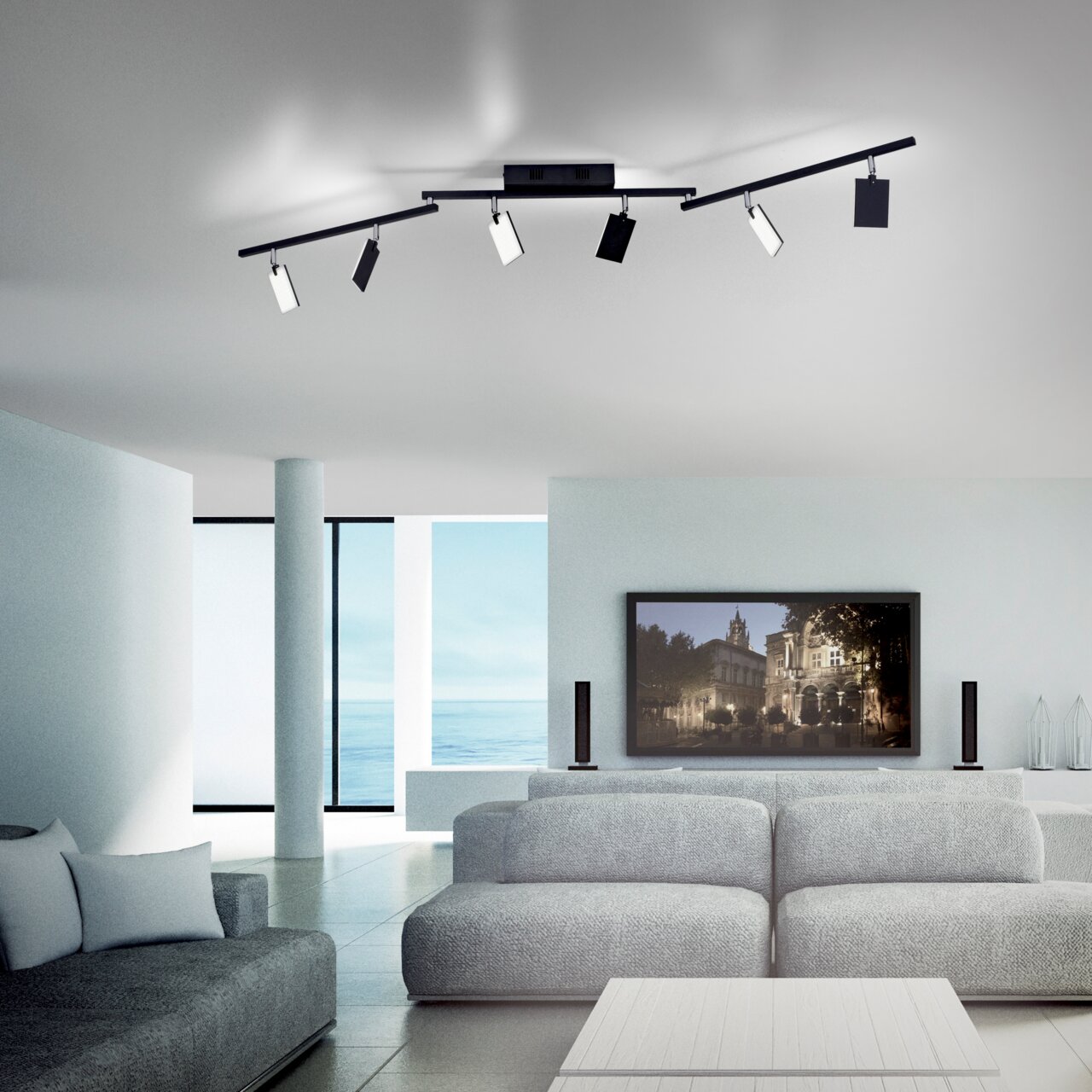 Neuhaus Pure Deckenleuchte PURE Moderne Deckenleuchte PURE-MIRA in einem stilvollen Wohnzimmer, von unten betrachtet.