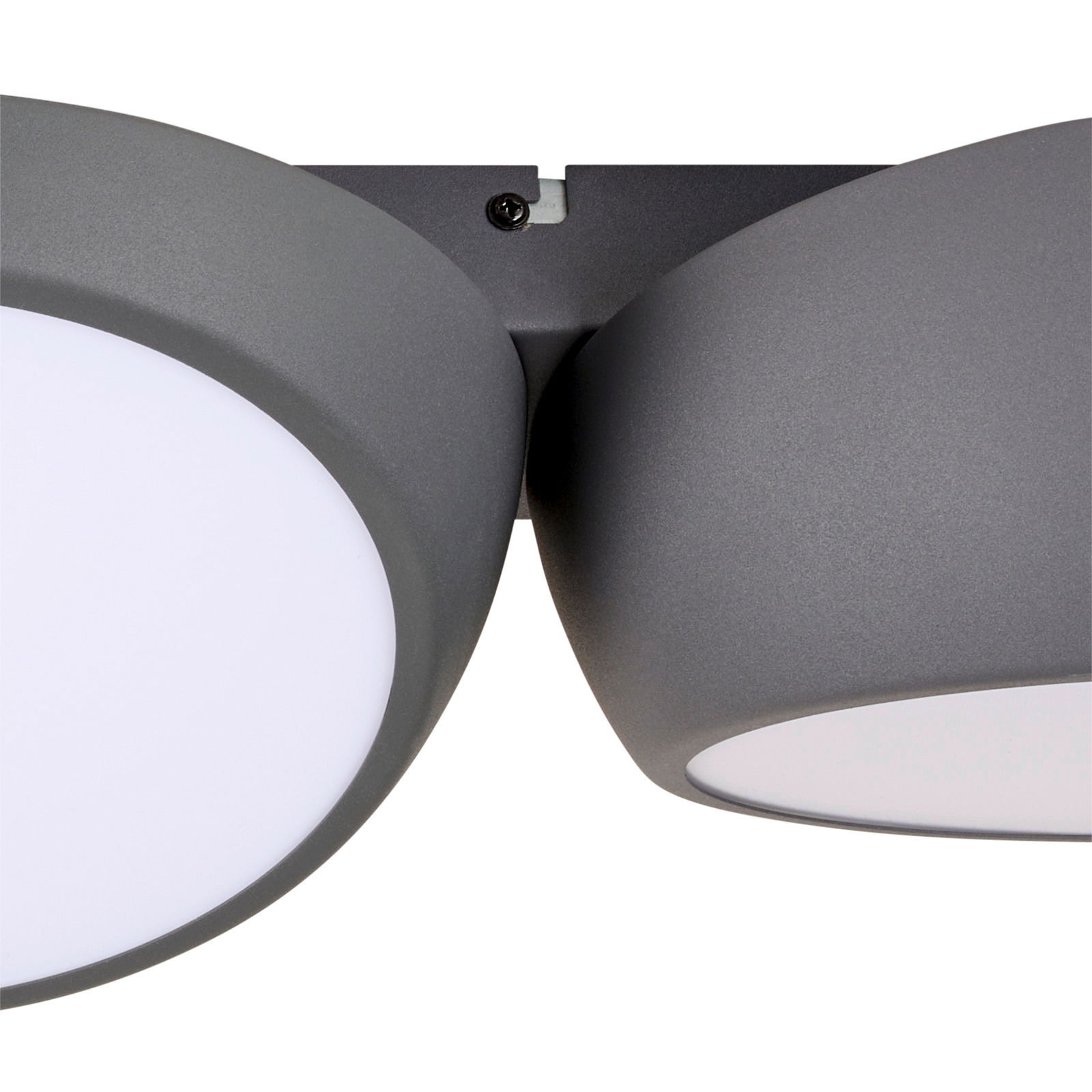 Nahaufnahme der LED-Deckenleuchte Bubbles mit zwei runden, grauen Leuchtkörpern aus seitlicher Perspektive.