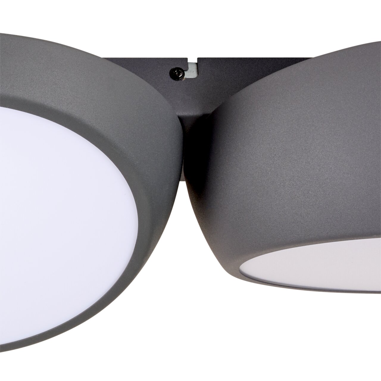 Nahaufnahme der LED-Deckenleuchte Bubbles mit zwei runden, grauen Leuchtkörpern aus seitlicher Perspektive.