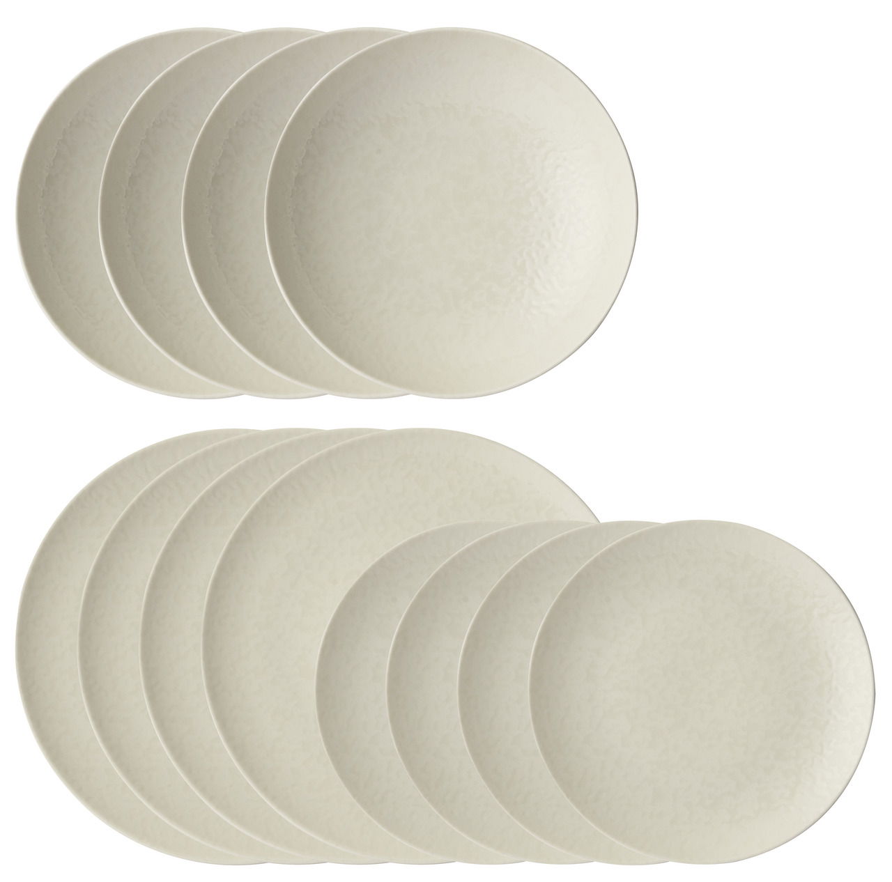 Zwölfteiliges Tellerset Eclipse Day in cremefarbenem Design, von oben betrachtet.