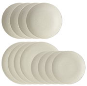 Zwölfteiliges Tellerset Eclipse Day in cremefarbenem Design, von oben betrachtet.