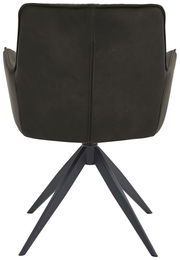 Rückansicht eines modernen Design-Schalensessels mit schwarzem Lederbezug und vier schwarzen Metallbeinen.