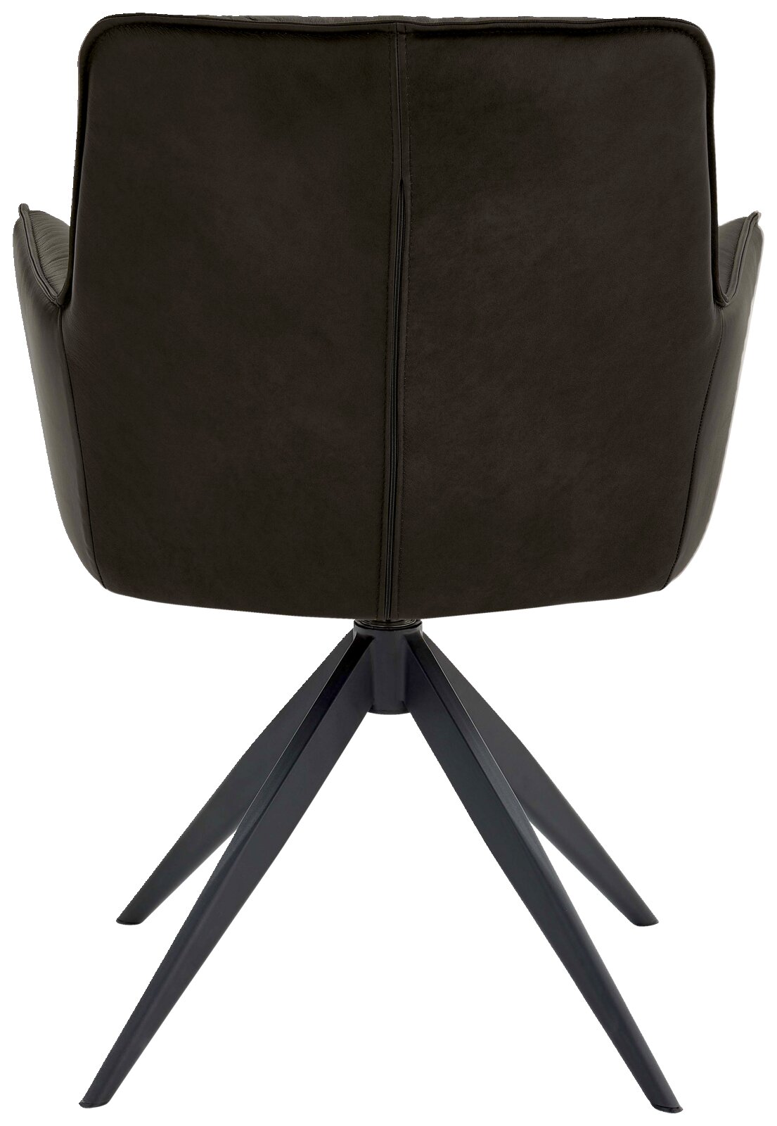 Rückansicht eines modernen Design-Schalensessels mit schwarzem Lederbezug und vier schwarzen Metallbeinen.