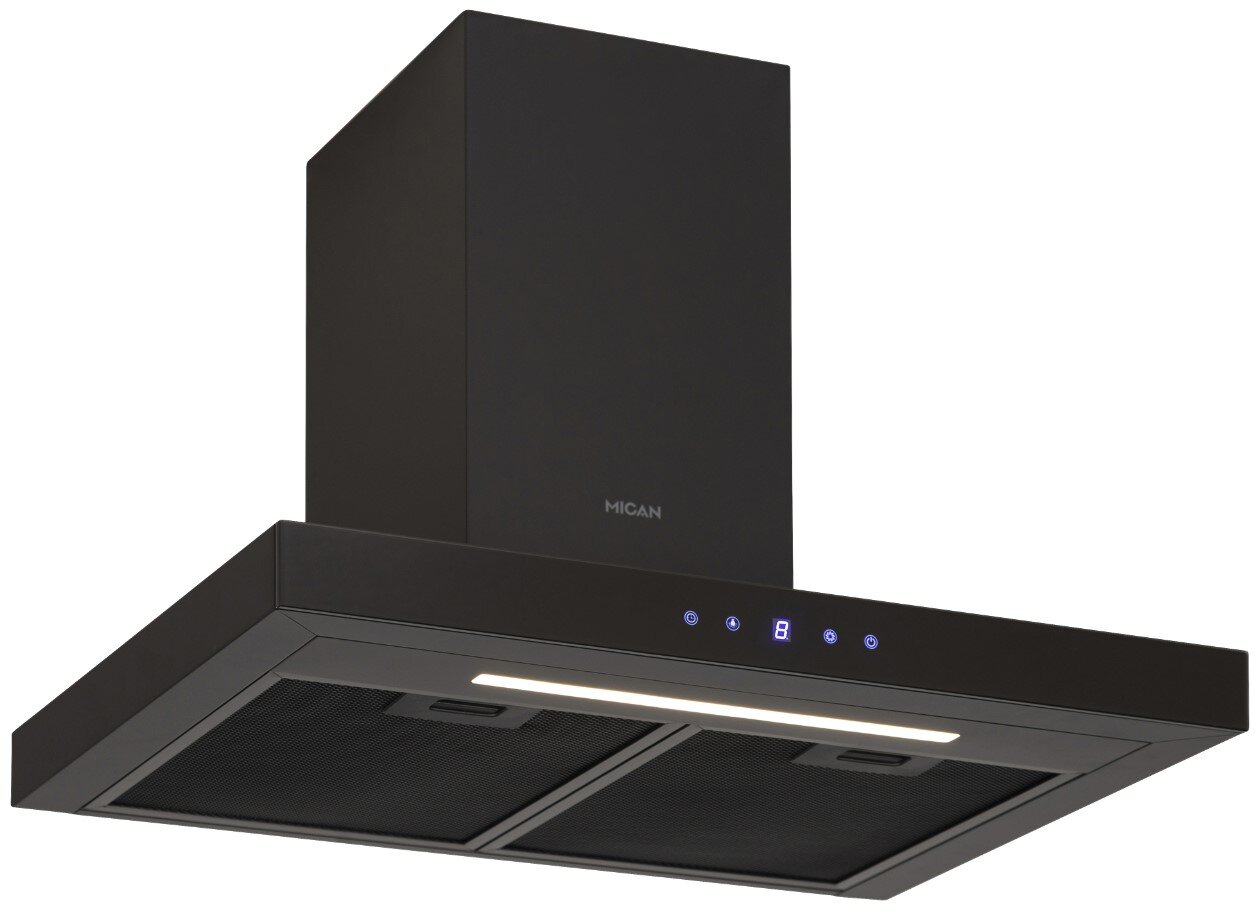 Zwarte wandafzuigkap met schouw, touchbediening met blauw display en geïntegreerde LED-verlichting, getoond in schuin vooraanzicht van onderen tegen witte achtergrond.
