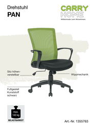 Grüner Drehstuhl mit höhenverstellbarem Sitz, Wippmechanik und schwarzem Kunststofffußgestell, seitliche Perspektive