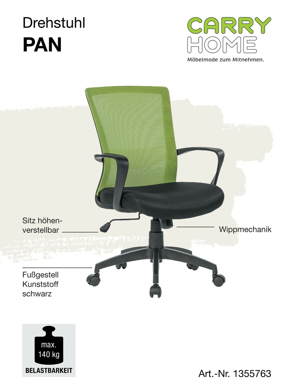 Grüner Drehstuhl mit höhenverstellbarem Sitz, Wippmechanik und schwarzem Kunststofffußgestell, seitliche Perspektive