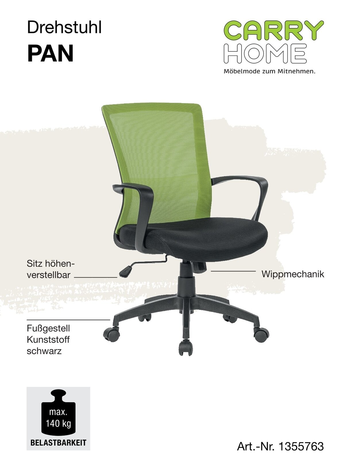 Grüner Drehstuhl mit höhenverstellbarem Sitz, Wippmechanik und schwarzem Kunststofffußgestell, seitliche Perspektive