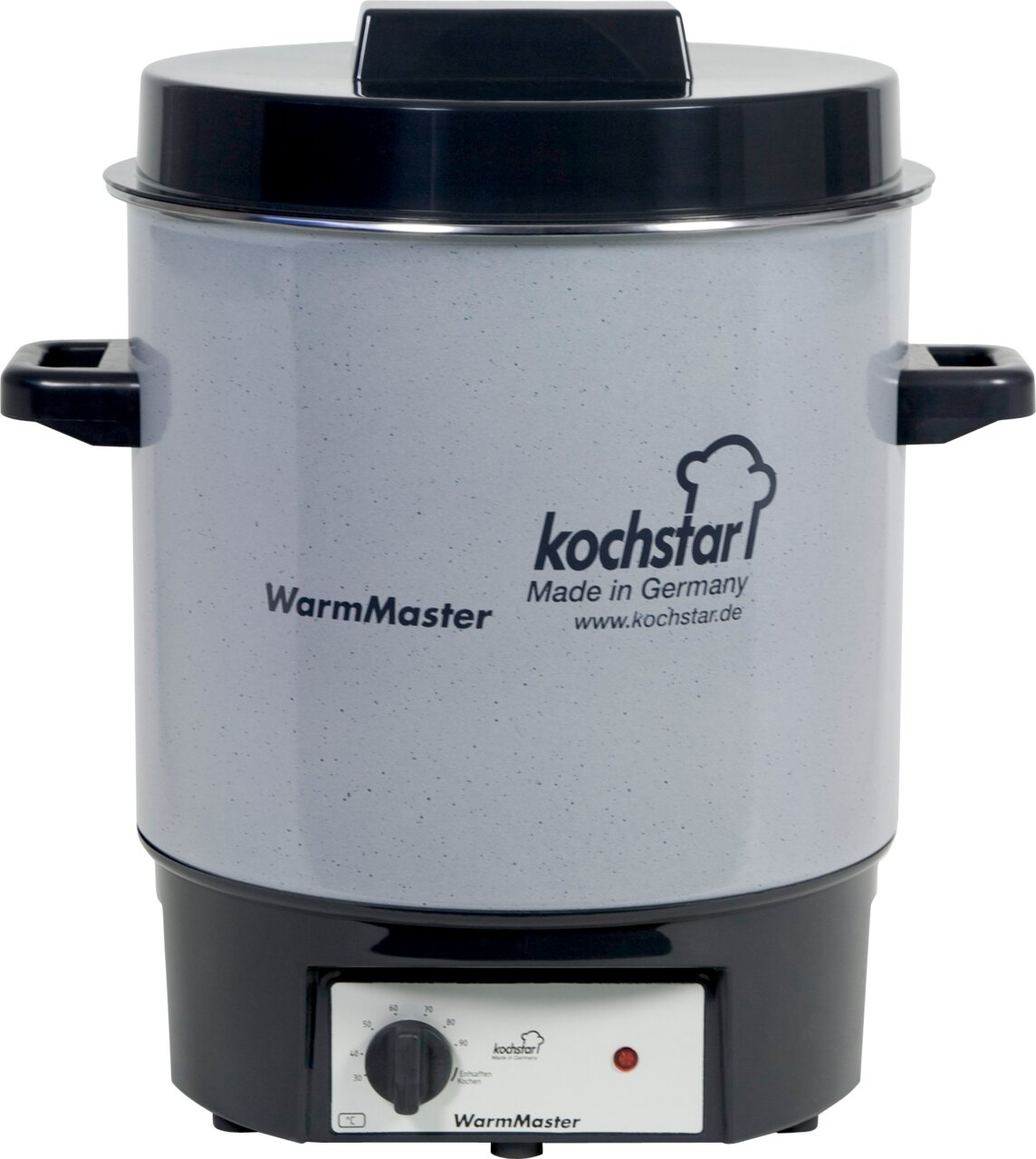 Frontansicht des WarmMaster Einkochers von Kochstar, Made in Germany, mit Temperaturregler und seitlichen Griffen.