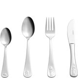Kinderbesteck 4-teilig, bestehend aus Löffel, Gabel, Messer und Teelöffel mit kindgerechten Motiven, frontal abgebildet.