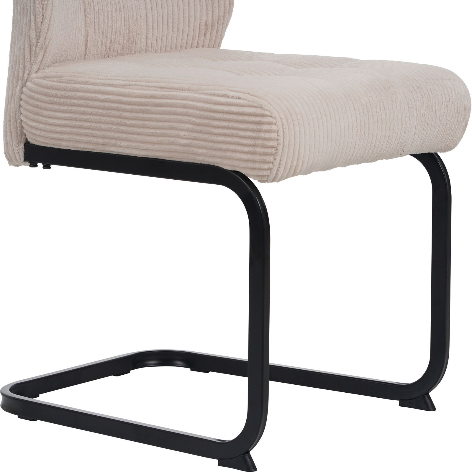 Seitenansicht eines modernen Schwingstuhls mit beigem, geripptem Stoffbezug und schwarzem Metallgestell.