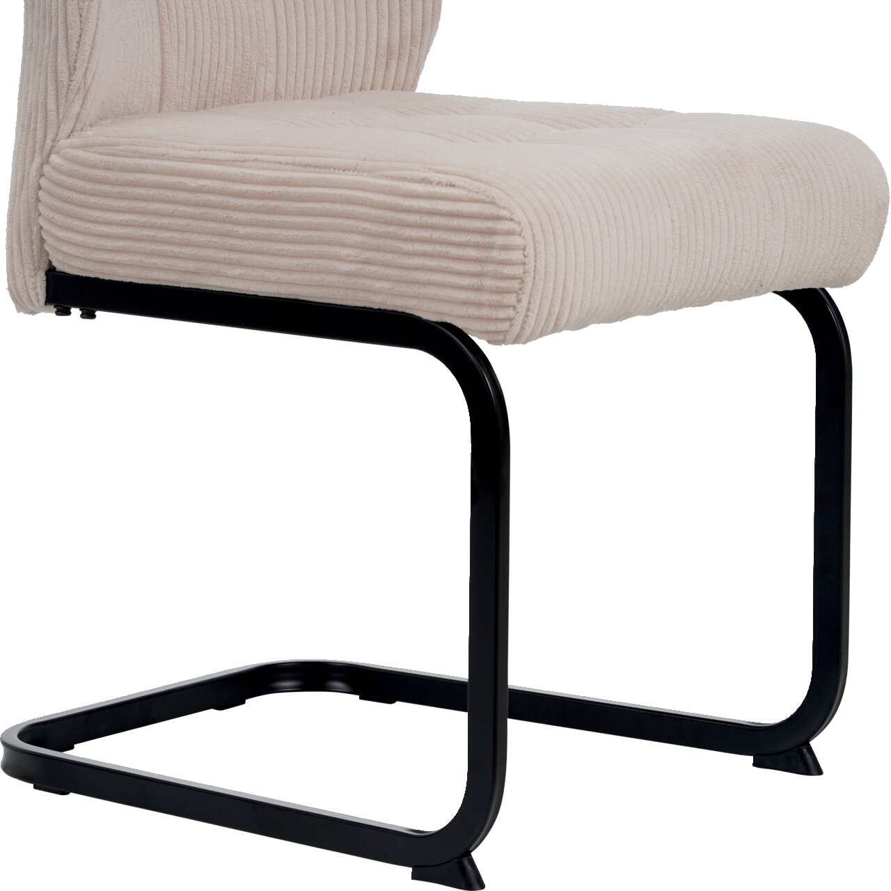 Seitenansicht eines modernen Schwingstuhls mit beigem, geripptem Stoffbezug und schwarzem Metallgestell.