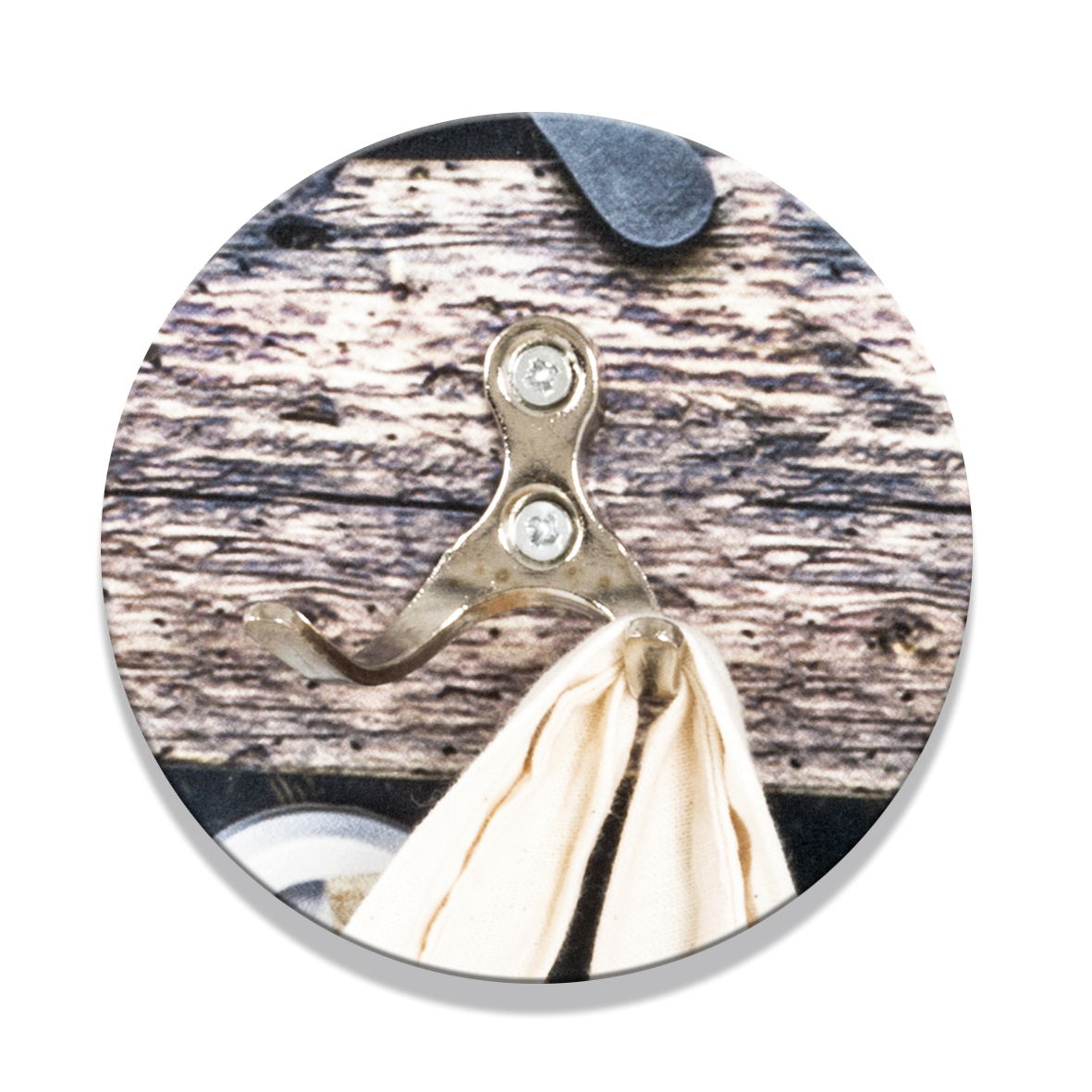 Runde Wandgarderobe mit Holzoptik und Metallhaken, frontal abgebildet.