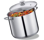 Suppentopf CAPRI, 28 cm, aus Edelstahl mit Glasdeckel, gefüllt mit Eintopf, seitliche Perspektive