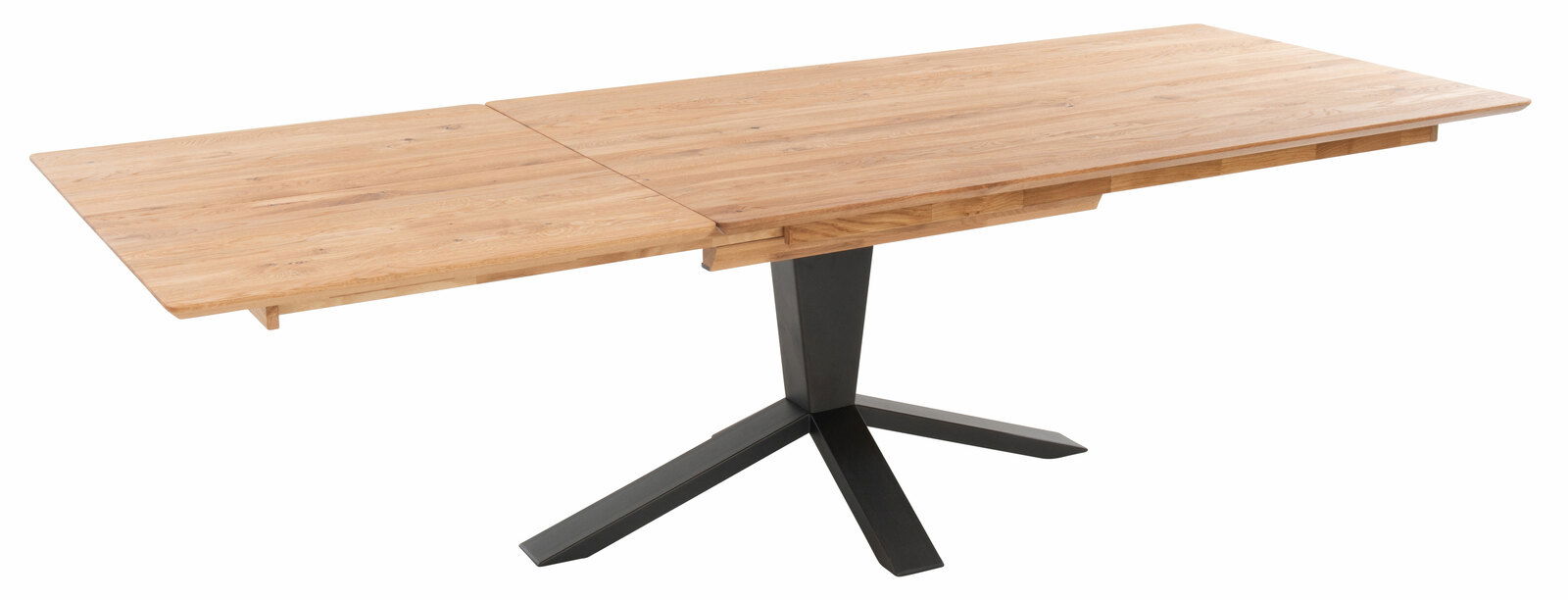 Moderner Esstisch aus Holz mit erweiterbarer Tischplatte und schwarzem Metallfuß, seitliche Perspektive.