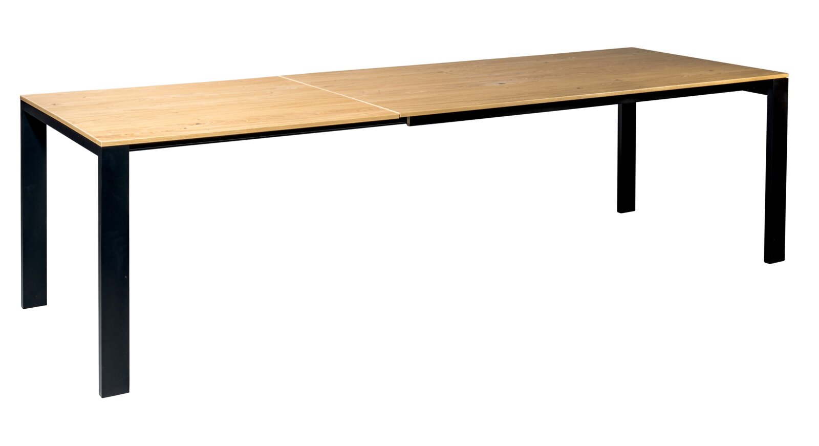 Moderner Esstisch mit Holzplatte und schwarzen Metallbeinen, seitliche Perspektive