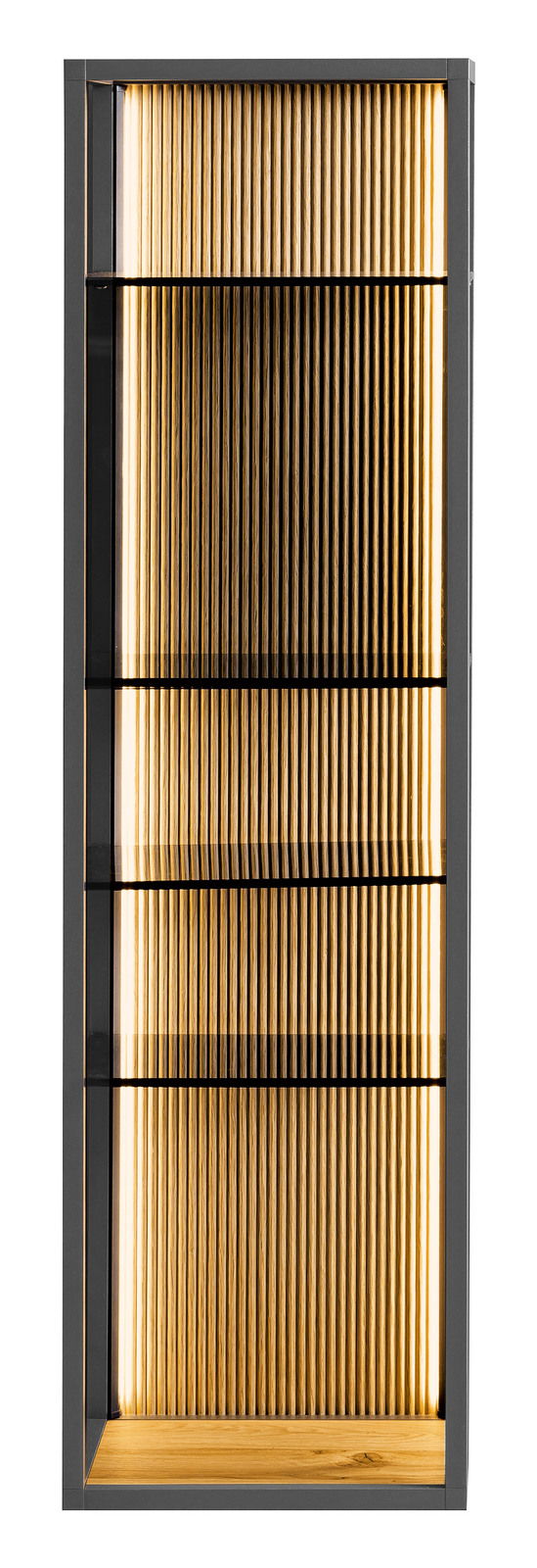 Hängeregal mit vertikalen Holzlamellen und integrierter Beleuchtung, Frontalansicht