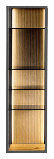 Hängeregal mit vertikalen Holzlamellen und integrierter Beleuchtung, Frontalansicht